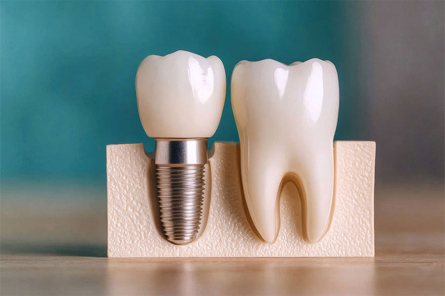 Physical dental implant model demonstrating jawbone and implant integration