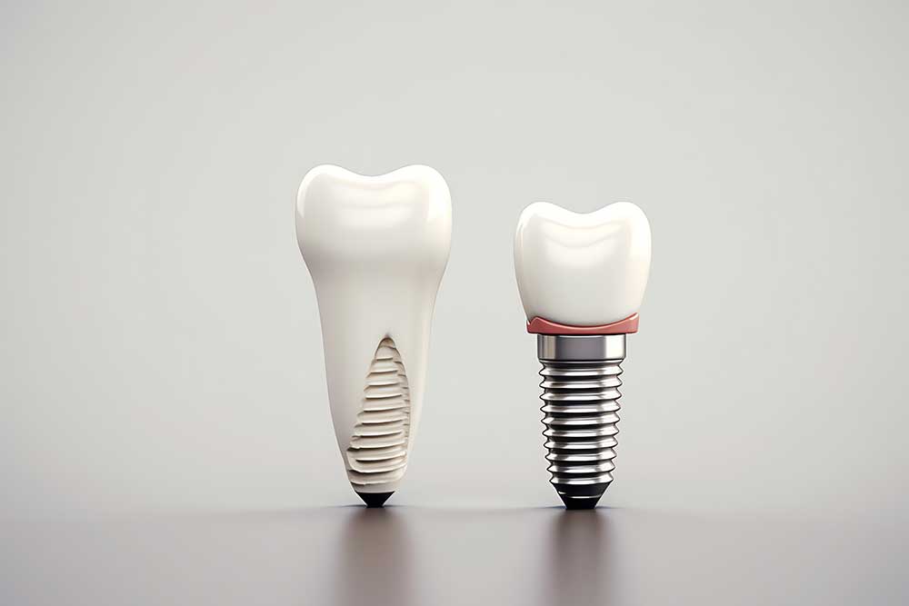 Two dental implants model showing artificial teeth for missing tooth replacement